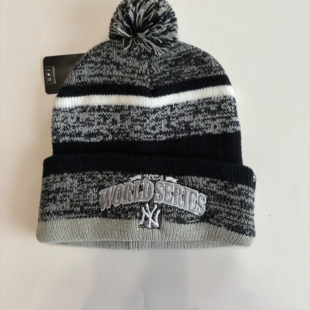 New York Yankees 2024 World Series '47 Brand Knit Beanie Hat Pom Gray Black